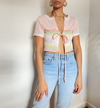 Upcycled Pastel Tie Top (Small/Medium)